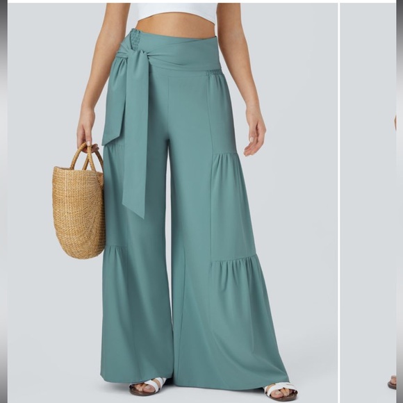 HALARA Pants - Halara Blue Hi/Waisted Shirred Tie‎ Front Back Wide Leg Palazzo-Like Pants NWT M